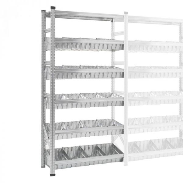 Bakkenrek waarvan 1 toplegbord en 5 niveaus met modulaire bakken en tussenschotten