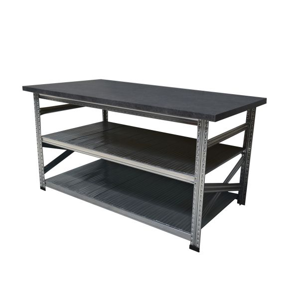 Werktafel type123 H926xD900xL1100 met anthraciet grijs werkblad H40 mm plus 2 legborden